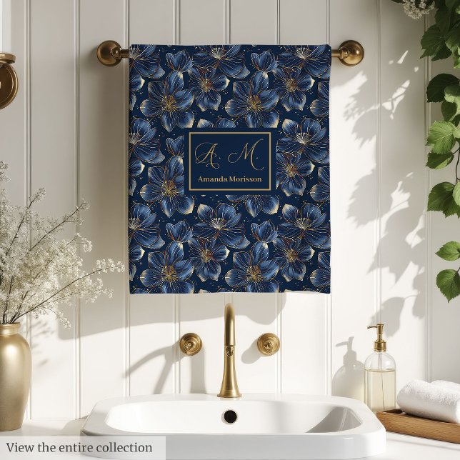 Navy Gold Floral Bath Towels Chic Personalised Set (Navy Gold Floral Bath Towels Chic Personalized Set)