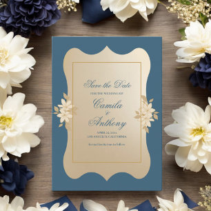 Navy Gold Floral Boho Wedding Save The Date Invitation