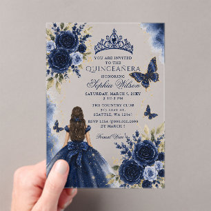 Navy Gold Floral Butterfly Princess Quinceañera Acrylic Invitations