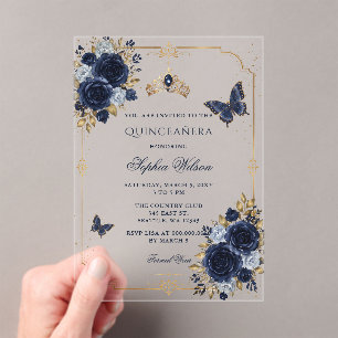 Navy Gold Floral Butterfly Quinceañera Acrylic Invitations