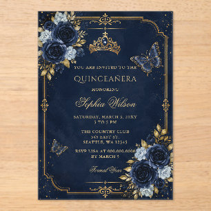 Navy Gold Floral Butterfly Quinceañera Acrylic Invitations