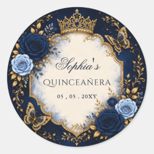 Navy Gold Floral Butterfly Quinceañera Classic Round Sticker
