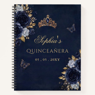 Navy Gold Floral Butterfly Quinceañera Guestbook Notebook