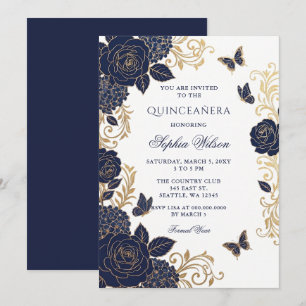 Navy Gold Floral Butterfly Quinceañera Invitation