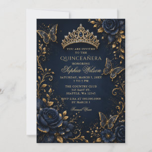 Navy Gold Floral Butterfly Quinceañera Invitation