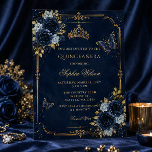 Navy Gold Floral Butterfly Quinceañera Invitation