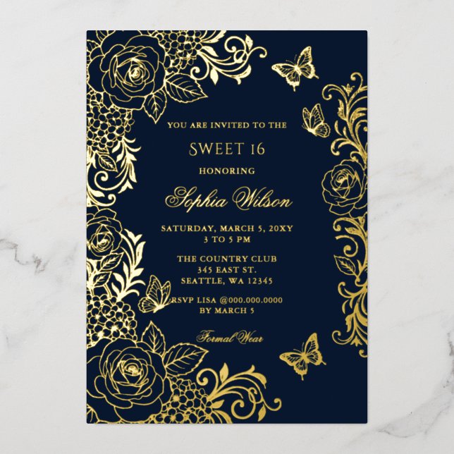 Navy Gold Floral Butterfly Sweet 16 (Front)