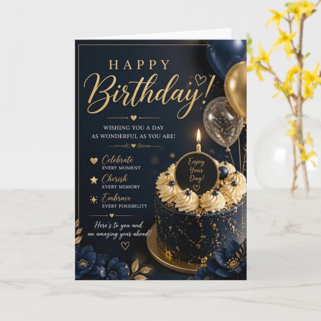 Navy Gold Floral Cake Birthday Card (Yellow Flower)