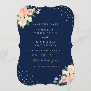 Navy Gold Floral Confetti Wedding Save The Date