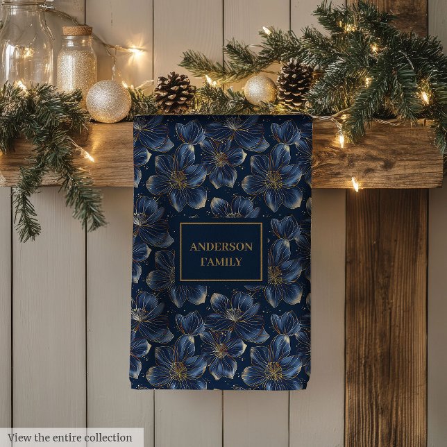 Navy Gold Floral Dish Towel Chic Personalised Gift (Navy Gold Floral Dish Towel Chic Personalized Gift)