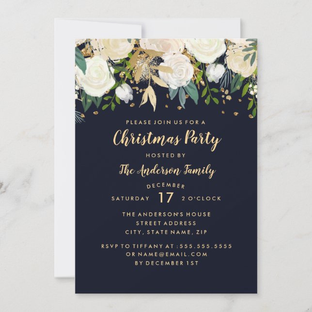 Navy Gold Floral Glitter Christmas Party Card (Front)