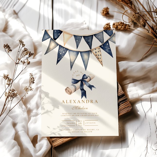 Navy Gold Floral Graduation  Invitation (Creator Uploaded)