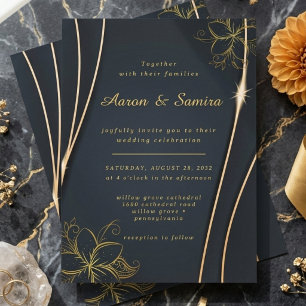 Navy Gold Floral Line Art Elegant Wedding Invitation