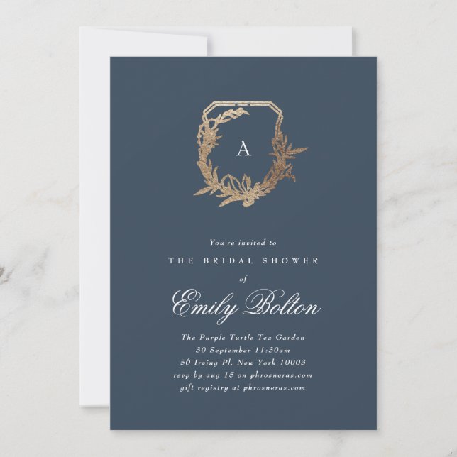 navy gold floral monogram crest bridal shower invitation (Front)