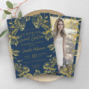 Navy Gold Floral Photo SURPRISE Sweet 16 Invitation