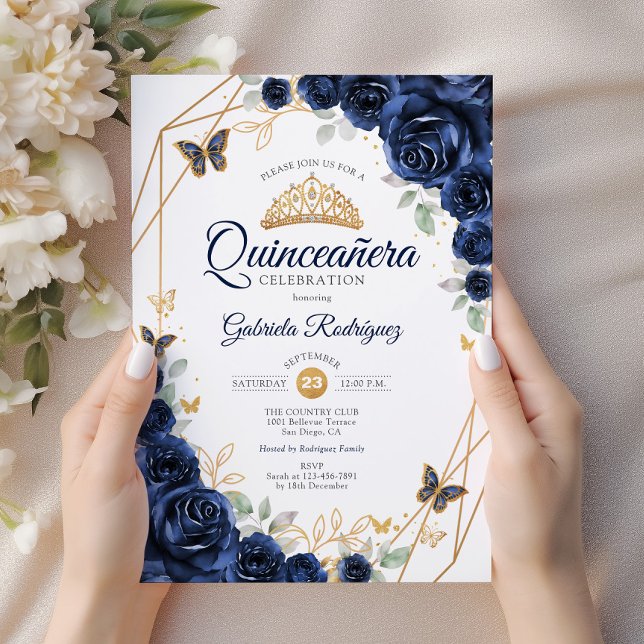 Navy Gold Floral Quinceanera Invitation (Creator Uploaded)