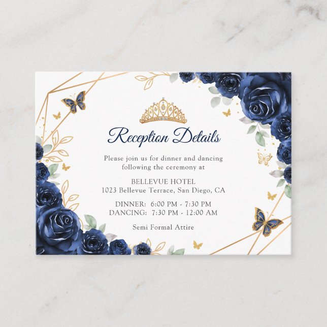 Navy Gold Floral Quinceanera Reception Details Enclosure Card (Front)