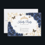 Navy Gold Floral Quinceanera Reply RSVP Card<br><div class="desc">Navy gold floral Quinceanera RSVP reply card. Features,  script font,  gold butterflies,  watercolor roses and tiara. Perfect for an elegant princess style glam celebration. Personalize with your own details.</div>