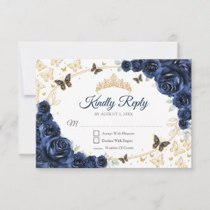 Navy Gold Floral Quinceanera Reply RSVP Card