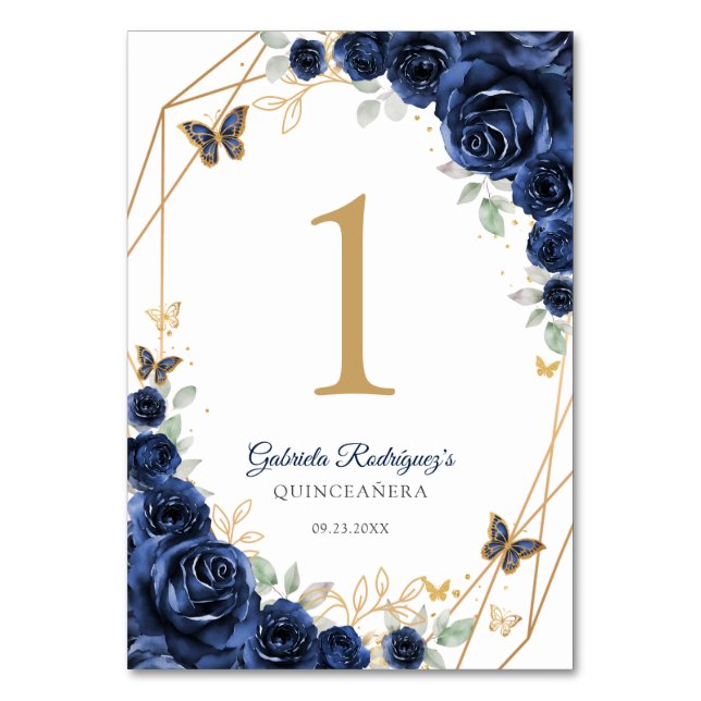 Navy Gold Floral Quinceanera Table Number (Front)