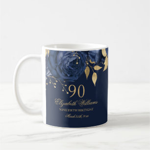 Navy Gold Floral Rose 90th Birthday Coffee Mug