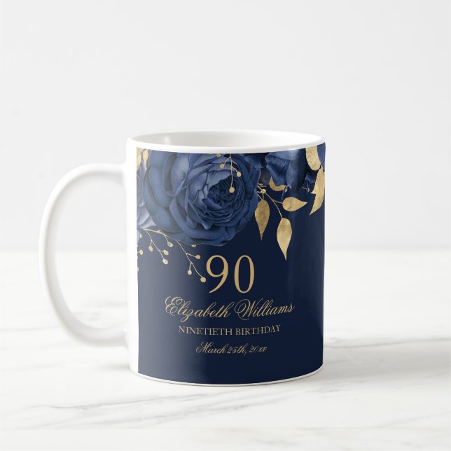 Navy Gold Floral Rose 90th Birthday Coffee Mug (Left)