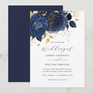 Navy Gold Floral Rose Wedding   Invitation