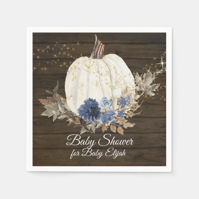 Navy Gold Floral Rustic Wood Pumpkin Baby Shower Napkin (Front)