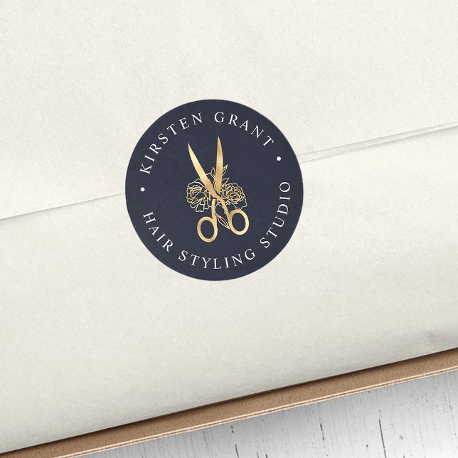 Navy & Gold Floral Scissors Logo Classic Round Sticker (Creator Uploaded)