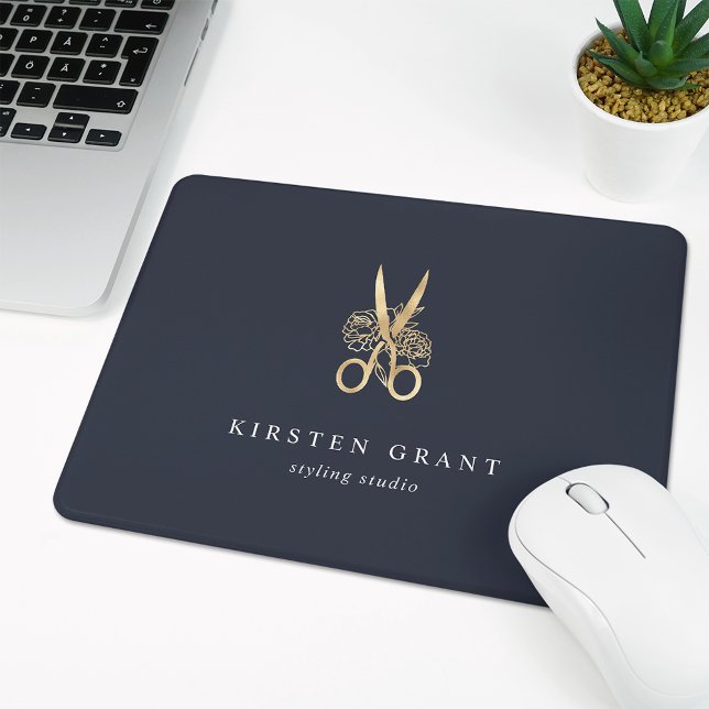 Navy & Gold Floral Scissors Salon Logo Mouse Pad (Creator Uploaded)