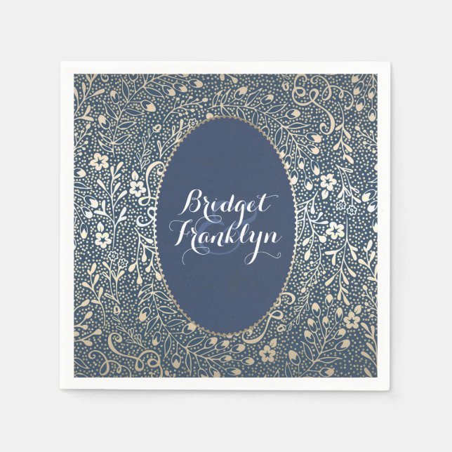 navy gold floral vintage wedding napkin (Front)