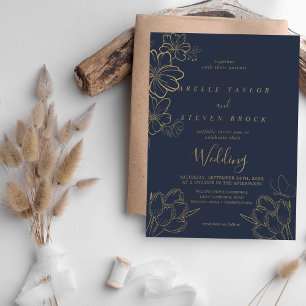 Navy Gold Flower Luxury Wedding  Invitation