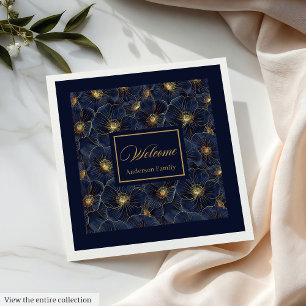 Navy Gold Flower Napkins Modern Monogram Style