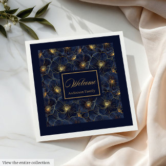 Navy Gold Flower Napkins Modern Monogram Style