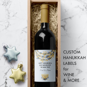 Navy & Gold Flowers Menorah Blue Happy Hanukkah  Wine Label