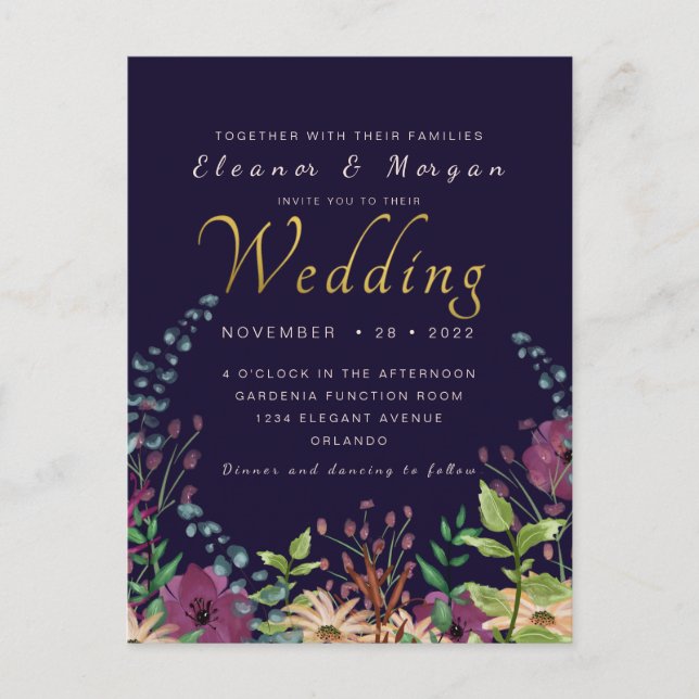 Navy gold foil floral wedding postcard (Front)