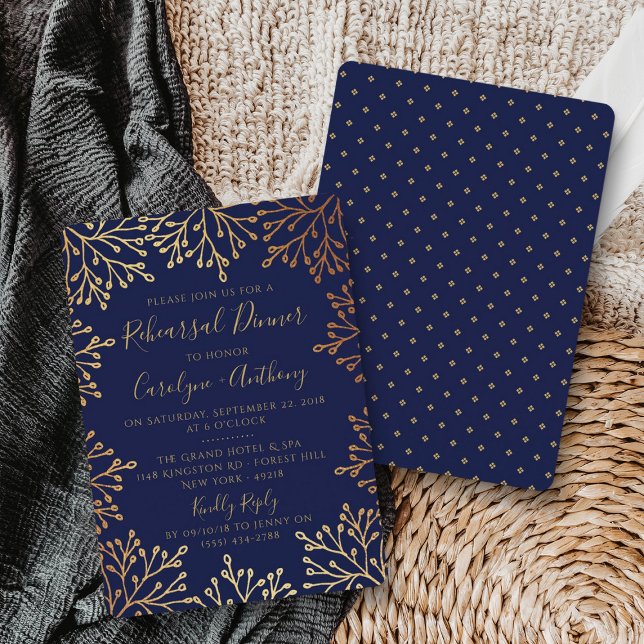 Navy & Gold Foil Floral Wedding Rehearsal Dinner Invitation (Creator Uploaded)