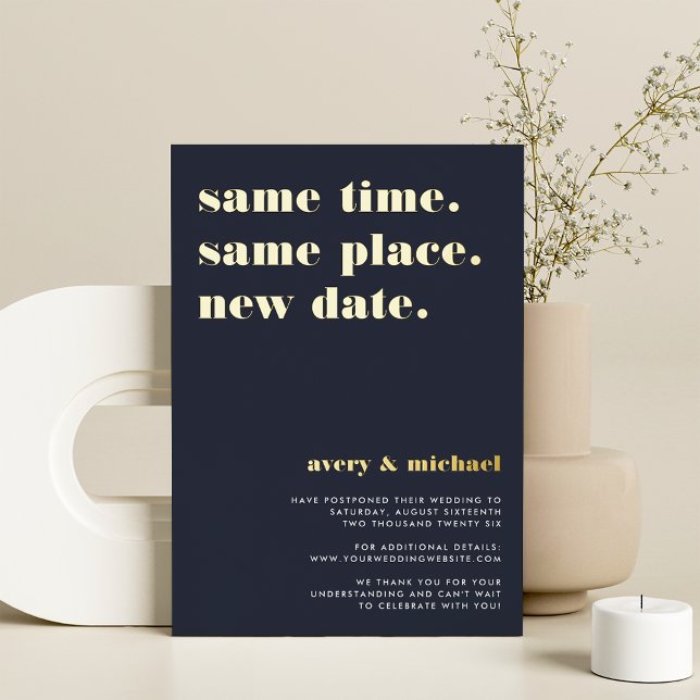 Navy & Gold Foil Modern Wedding Postponement Card (Creator Uploaded)