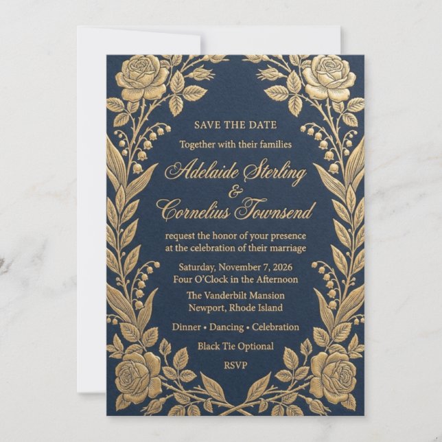 Navy & Gold Foil Rose Wedding Invitation (Front)