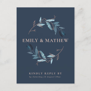 NAVY GOLD FOLIAGE WATERCOLOR WREATH WEDDING RSVP INVITATION POSTCARD