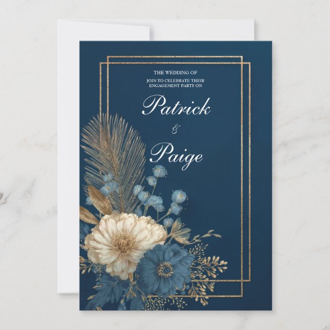 Navy Gold Frame Floral Wedding Invitation (Front)