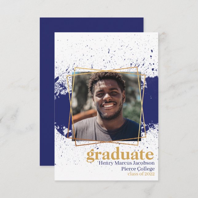 Navy & Gold Funky Splat Graduation Announcement (Front/Back)