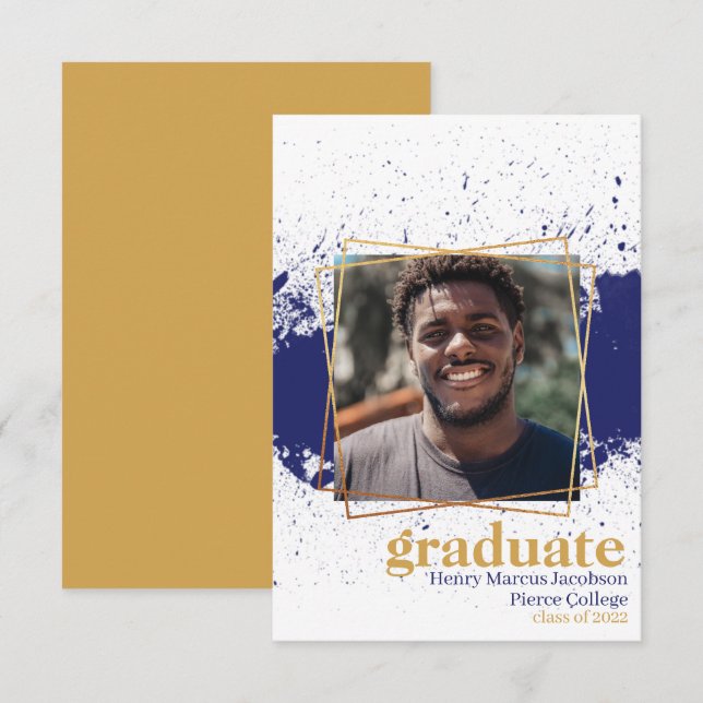 Navy & Gold Funky Splat Graduation Announcement (Front/Back)