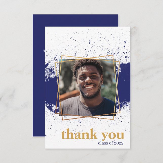 Navy & Gold Funky Splat Graduation Thank You Card (Front/Back)