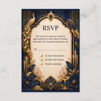 Navy gold gatsby peacock RSVP wedding luxurious Enclosure Card