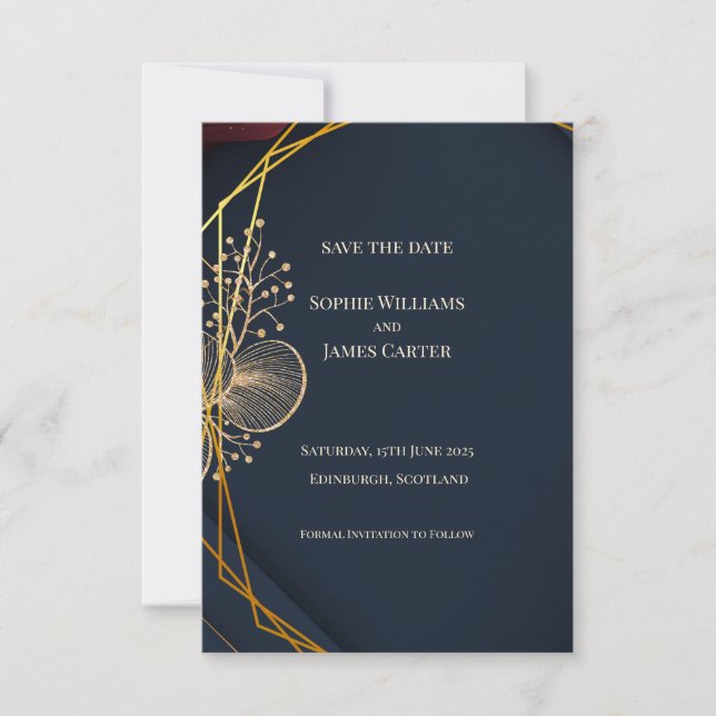 Navy Gold Geometric Botanical Save the Date (Front)