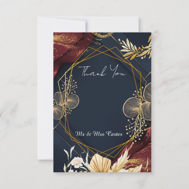 Navy Gold Geometric Floral Wedding Thank You Card (Front)