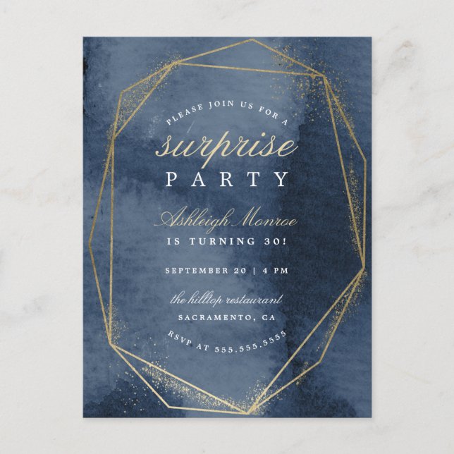 Navy & Gold Geometric Frame Surprise Party Invitation Postcard (Front)