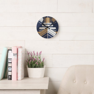 Navy Gold Geometric Maritime Ocean Liner Art Deco Round Clock