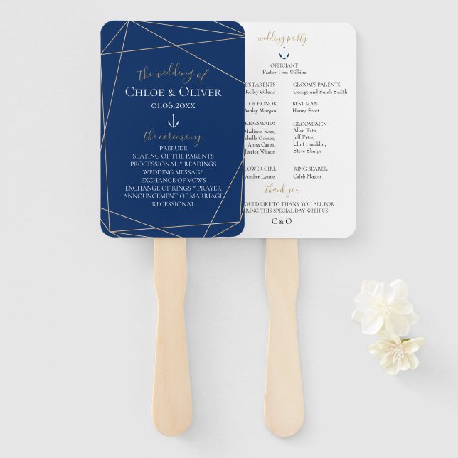 Navy Gold Geometric Wedding Program Hand Fan (Front and Back)